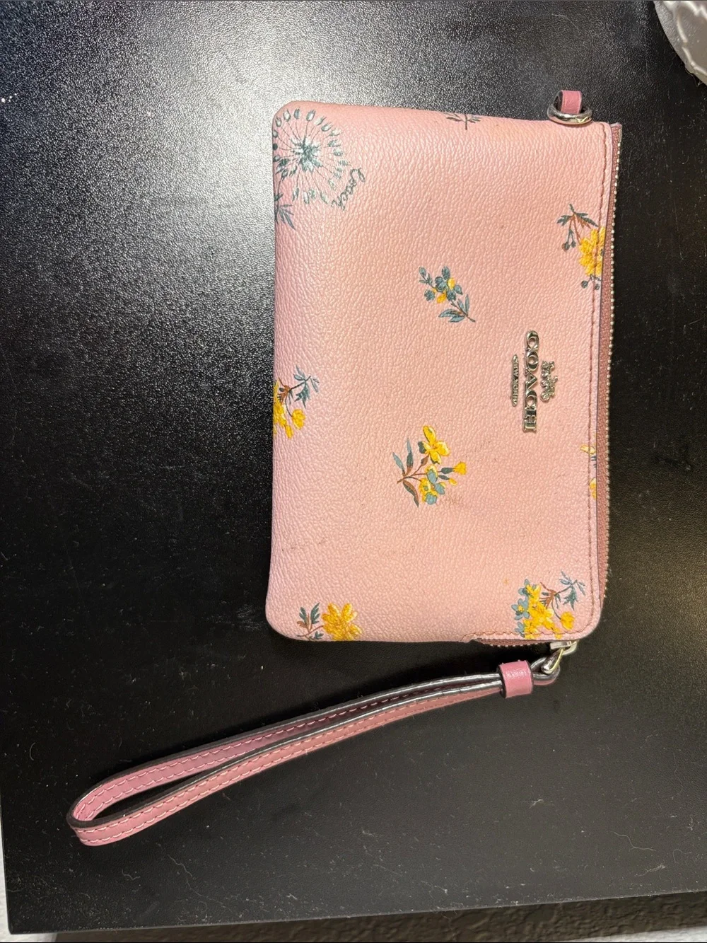 Coach Pink Floral Zip Wristlet with Yellow Accents coin purse